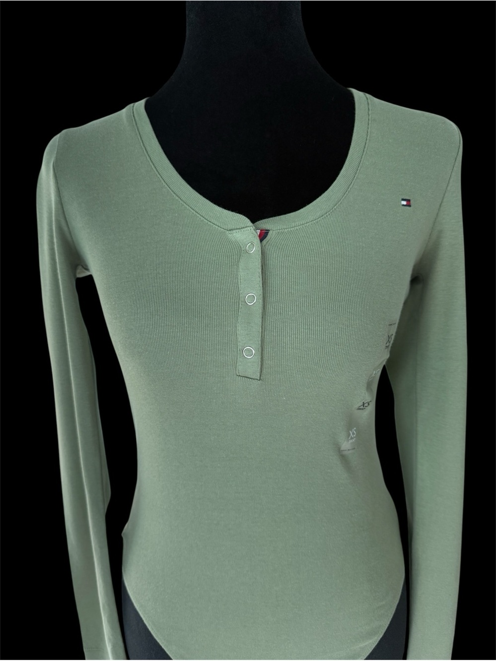Tommy Hilfiger Sage Green Long-Sleeve Scoop Neck Bodysuit. Size XS